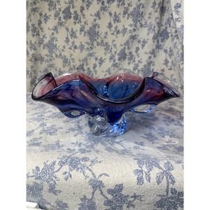Pink Blue Hand Made 10" Glass Pedestal Bowl Bohemia Czech Republic Glass MCM
